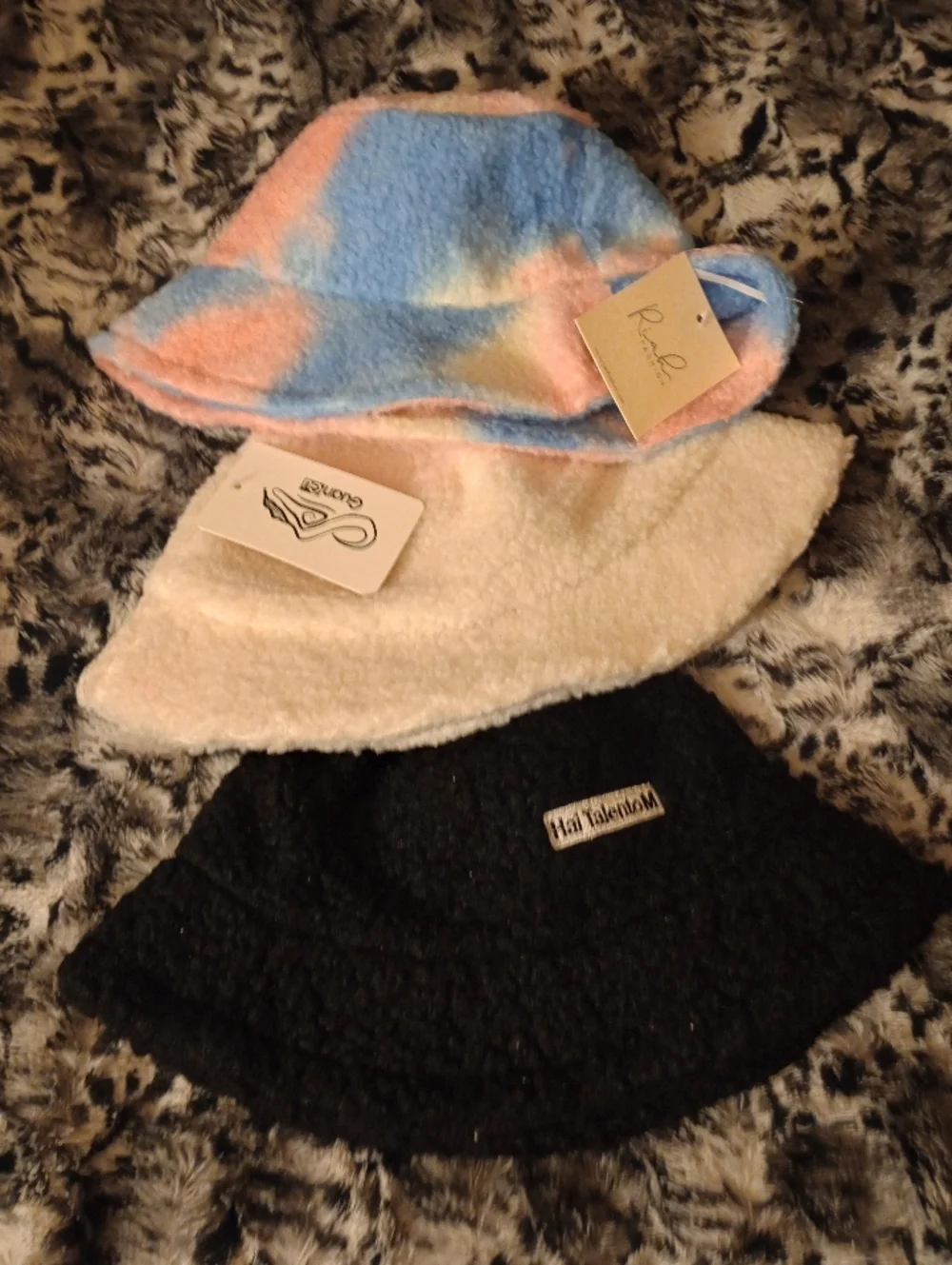 NWT (3) Fleece Plush Bucket Hat - Ivory Cream, Multicolor & Black - Picture 3 of 12
